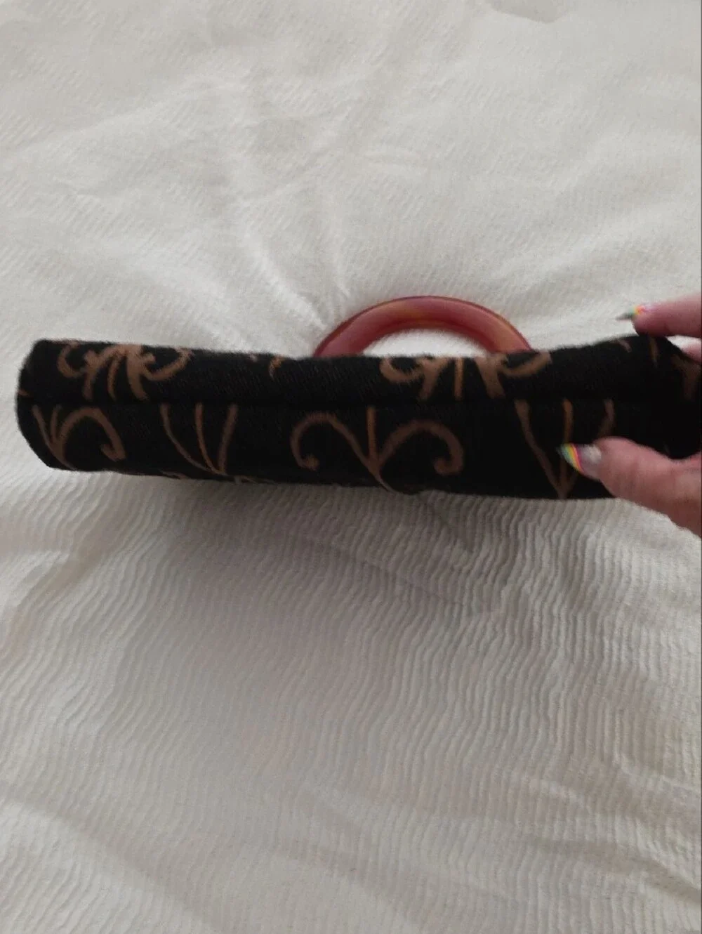 Black and Brown Patterned Wristlet Clutch with Amber Handle